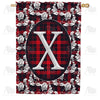 Elegant Red And Black Plaid Monogram House Flag