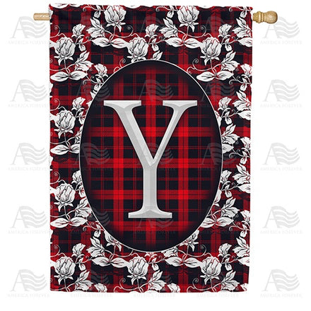 Elegant Red And Black Plaid Monogram House Flag
