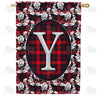 Elegant Red And Black Plaid Monogram House Flag