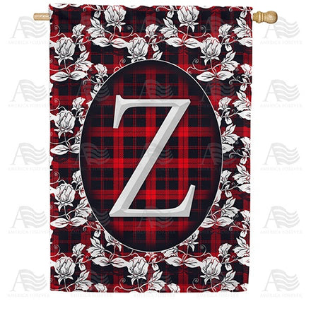 Elegant Red And Black Plaid Monogram House Flag