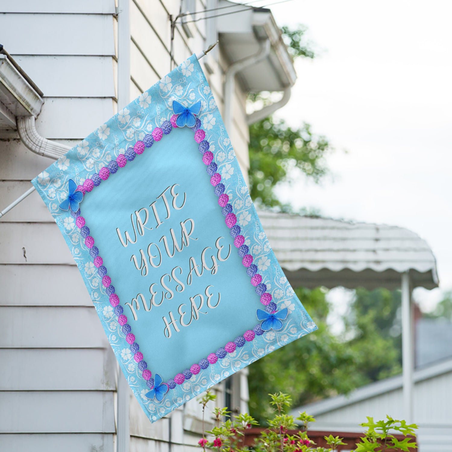 America Forever Personalized Blue And Purple Hydrangea Message House Flag