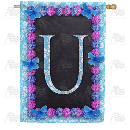America Forever Blue And Purple Hydrangea Monogram House Flag