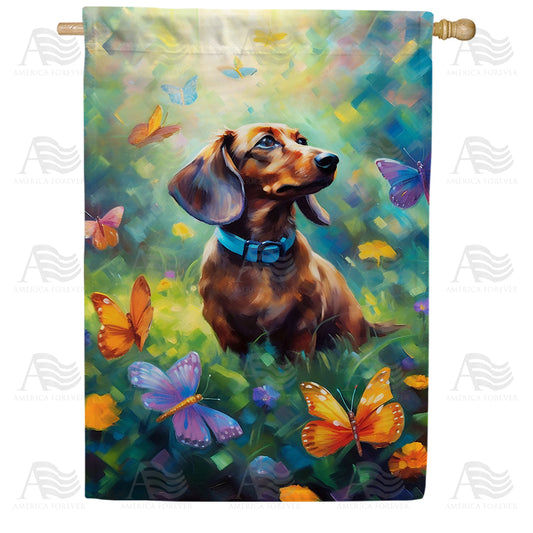 America Forever Dachshund & Dancing Butterflies House Flag