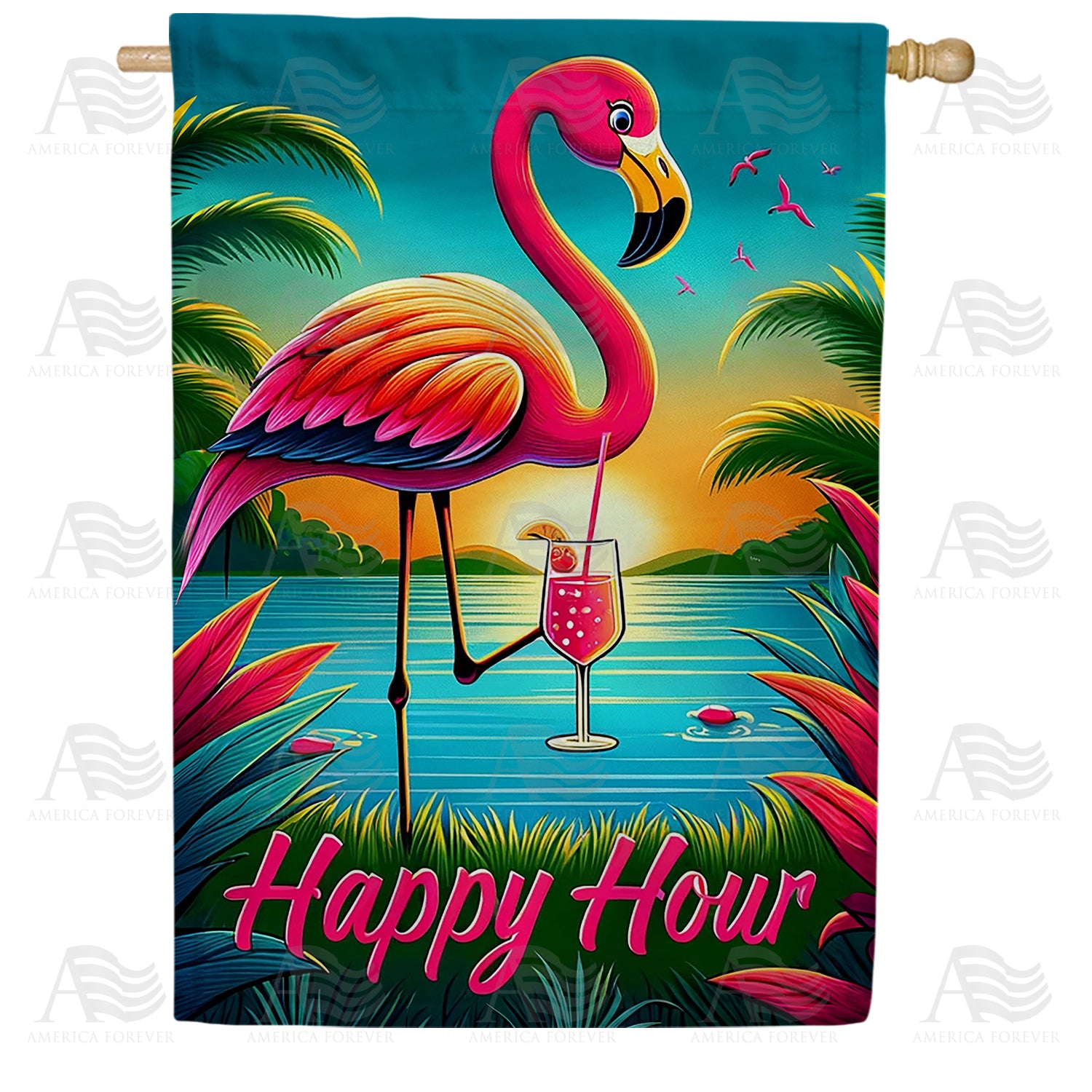 America Forever Happy Hour Flamingo House Flag