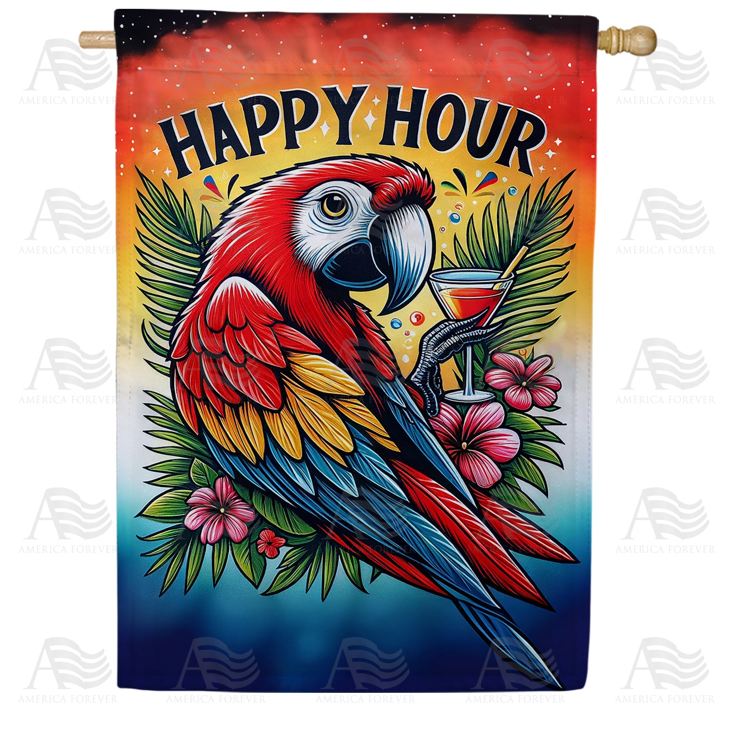 America Forever Happy Hour Parrot House Flag