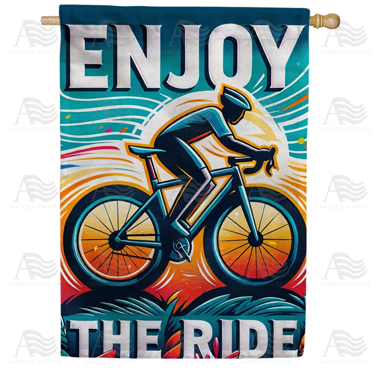 America Forever Retro Cyclist Sunset Ride House Flag