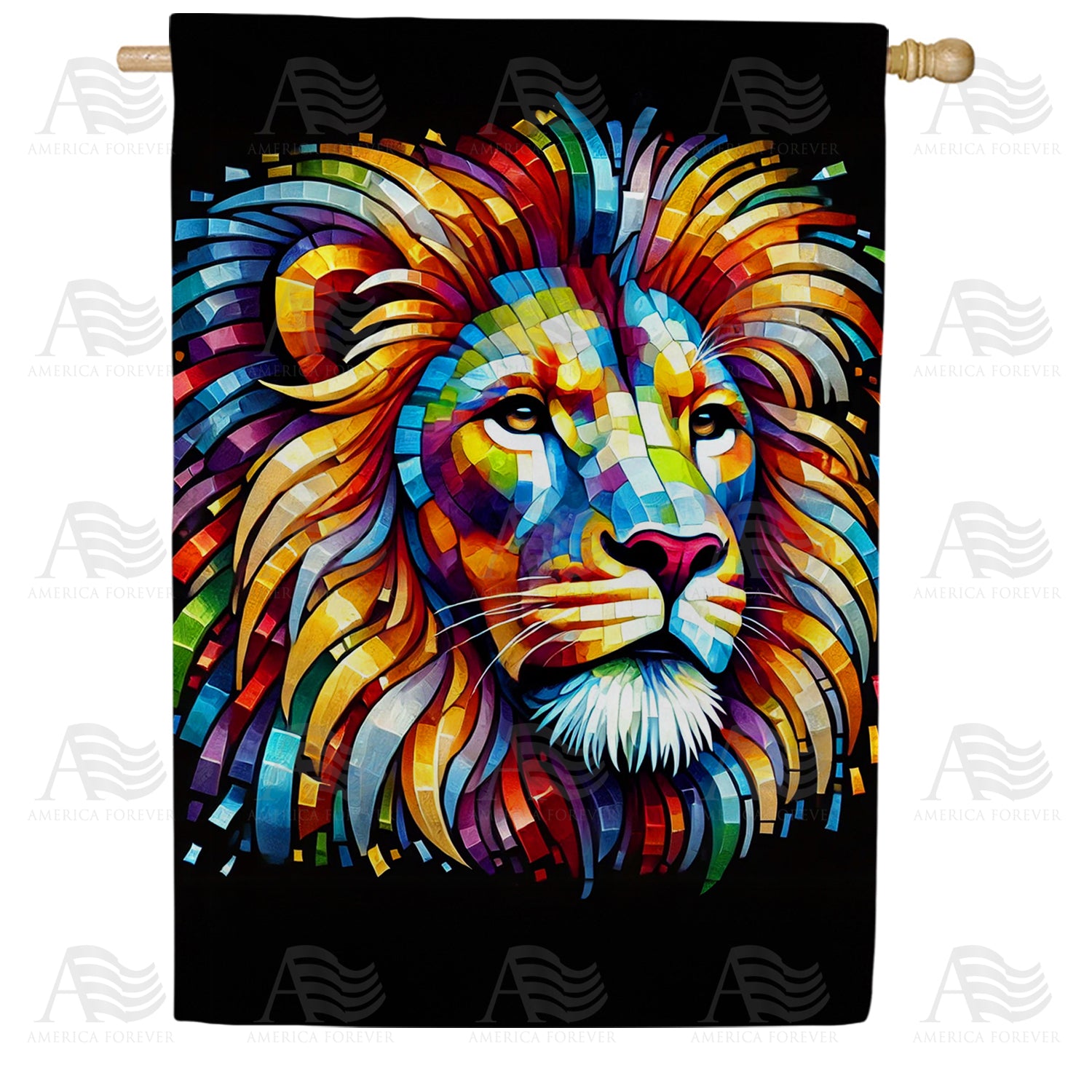America Forever Colorful Mosaic Lion House Flag