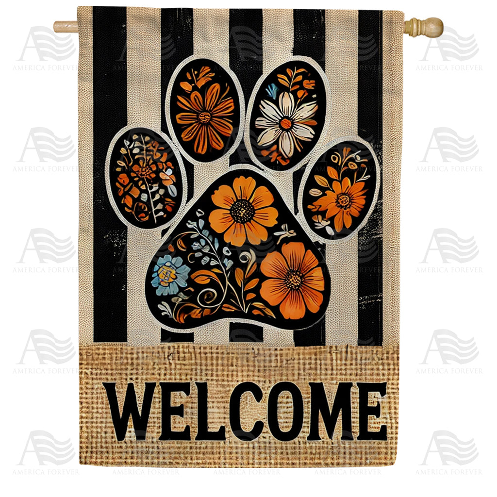 America Forever Floral Paw Print Welcome House Flag
