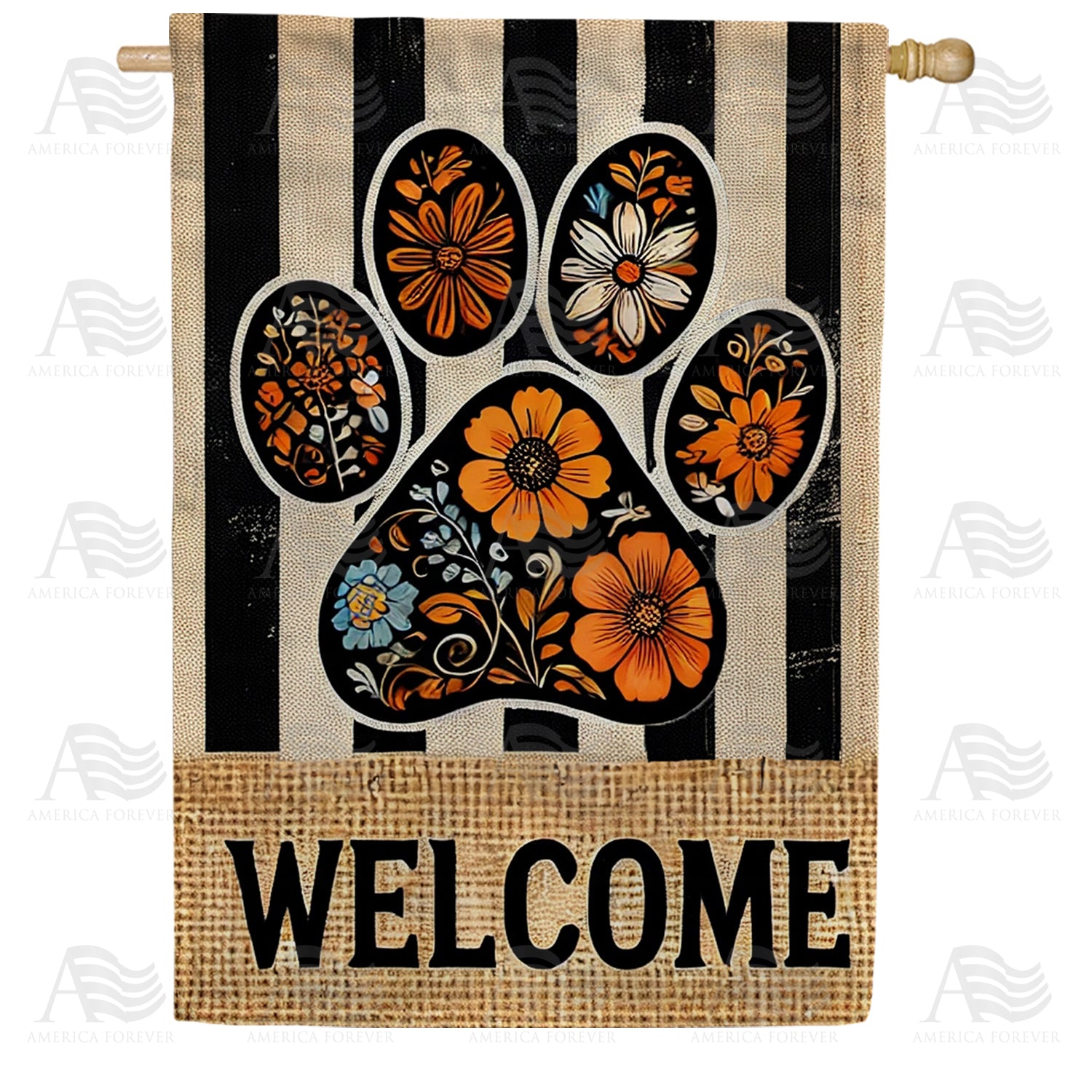 America Forever Floral Paw Print Welcome House Flag