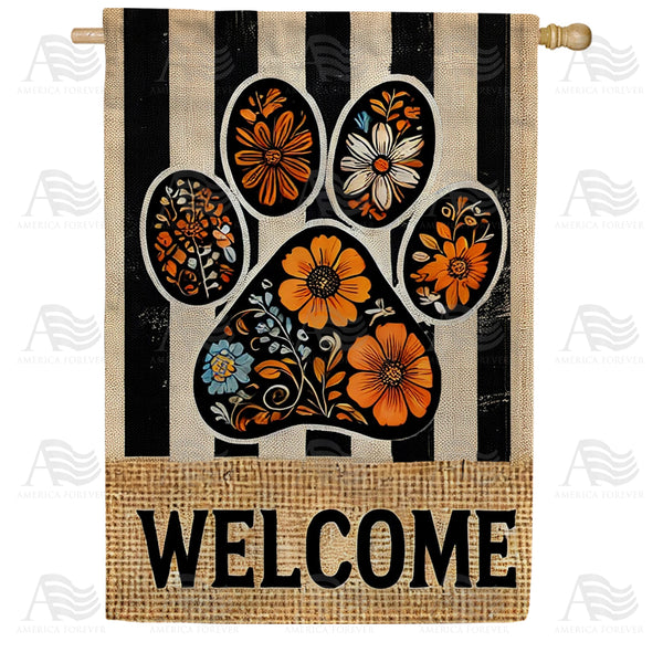 America Forever Floral Paw Print Welcome House Flag