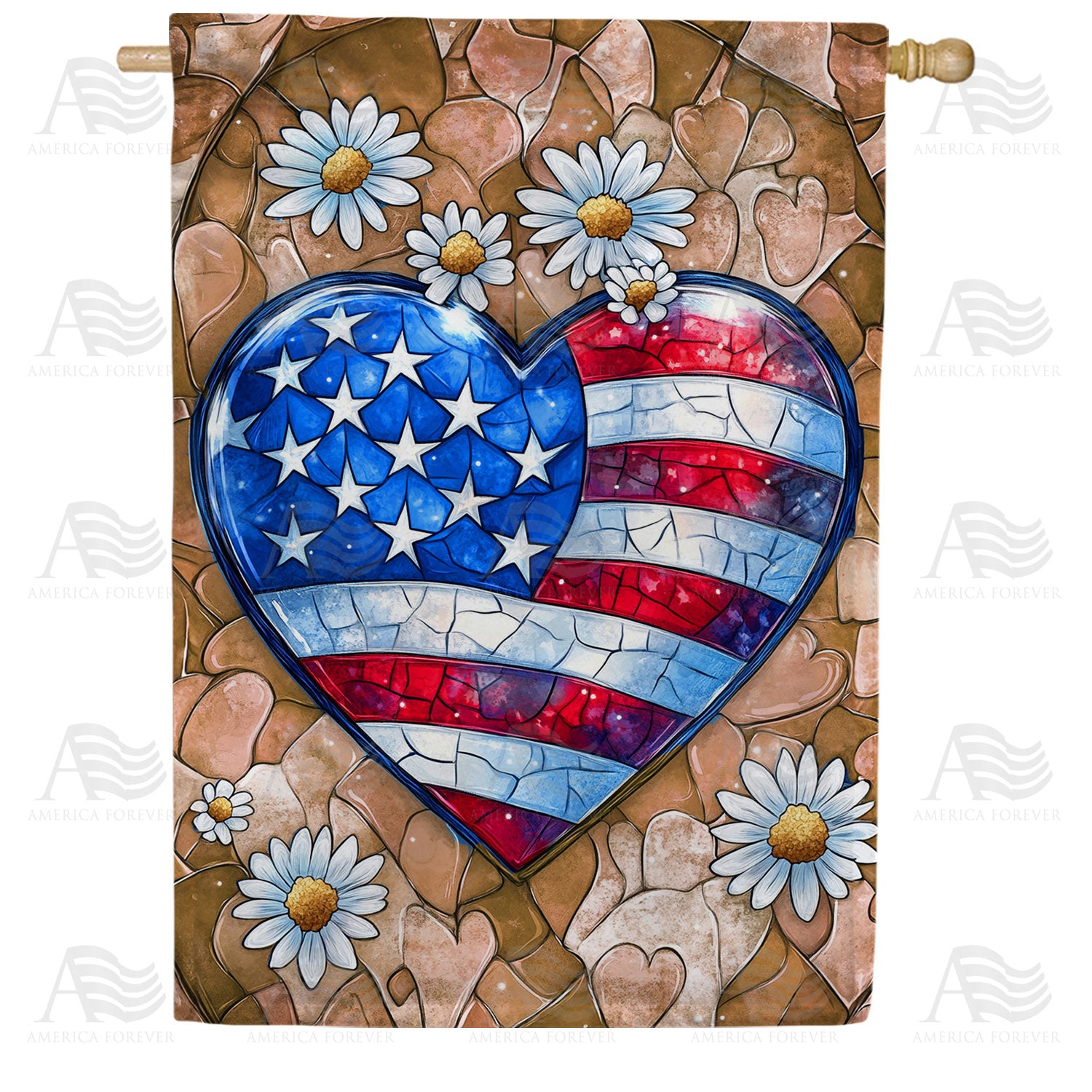 America Forever Patriotic Heart Daisies House Flag