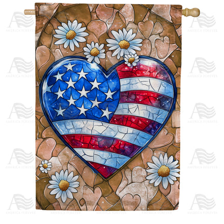 America Forever Patriotic Heart Daisies House Flag