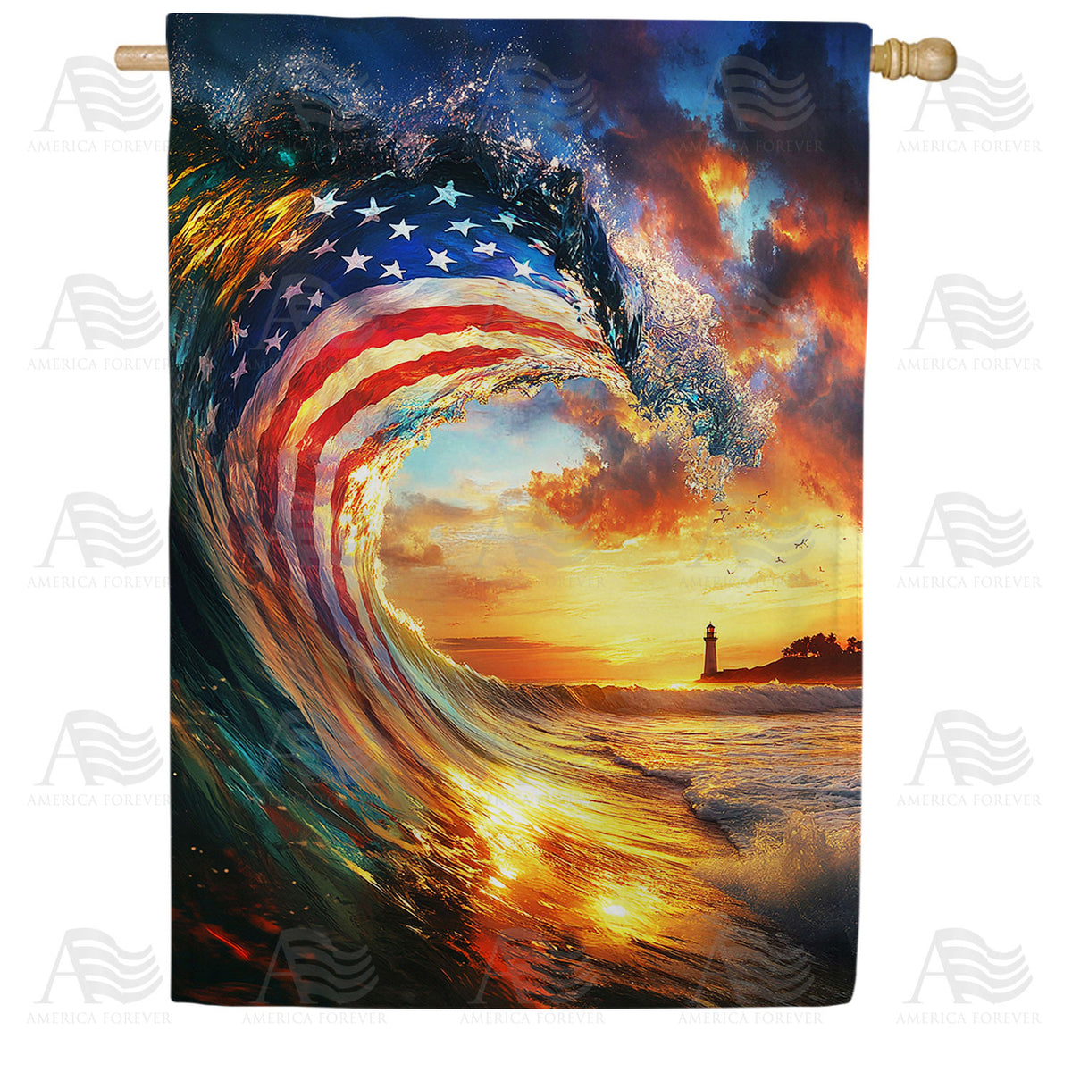 America Forever Patriotic Wave Lighthouse House Flag