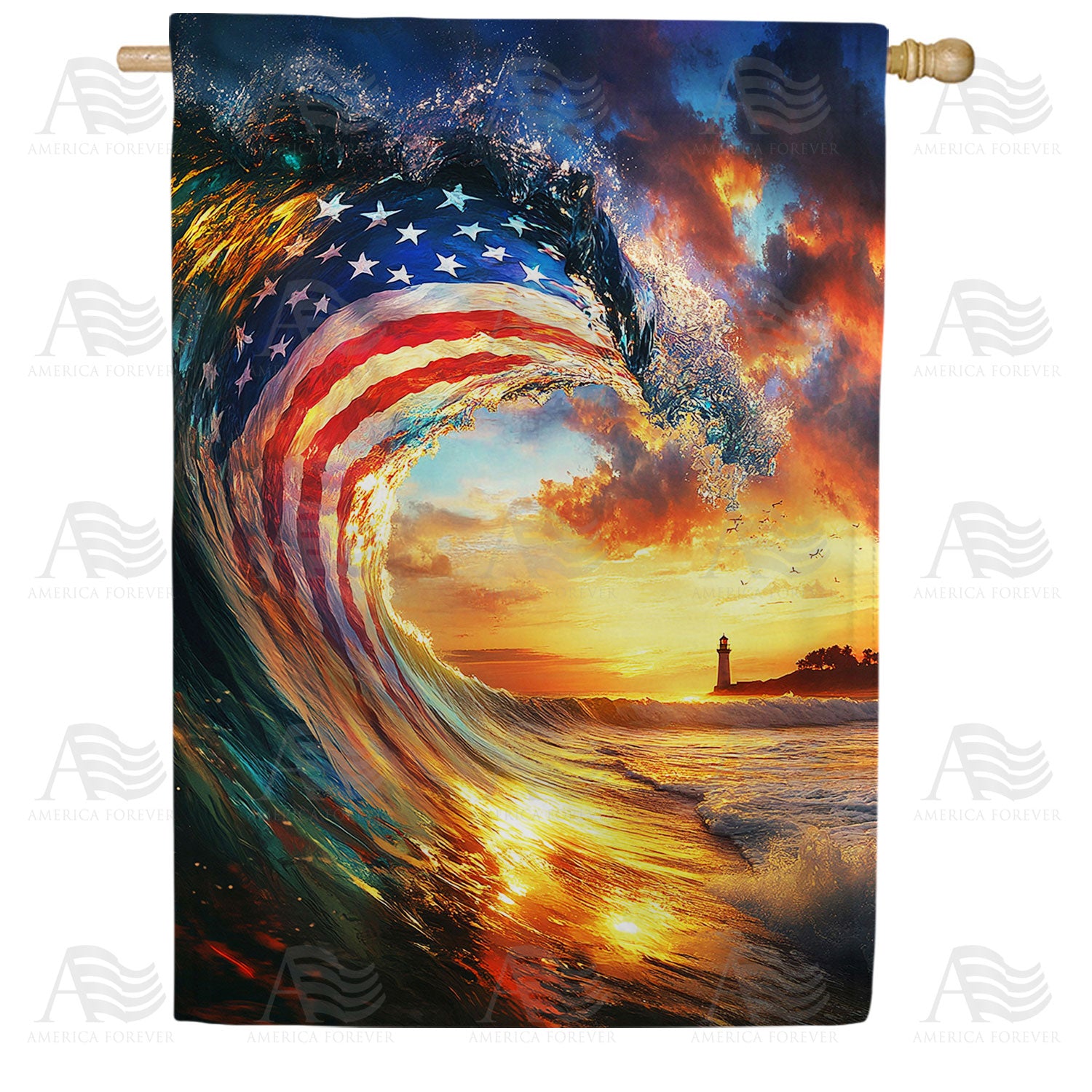 Patriotic Wave Lighthouse Double Sided House Flag 28 x 40