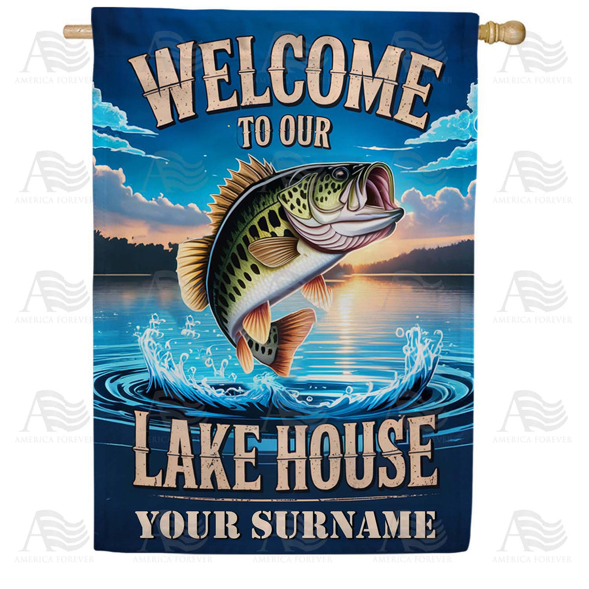 Welcome to Our Lake House Bass Personalized Double Sided House Flag