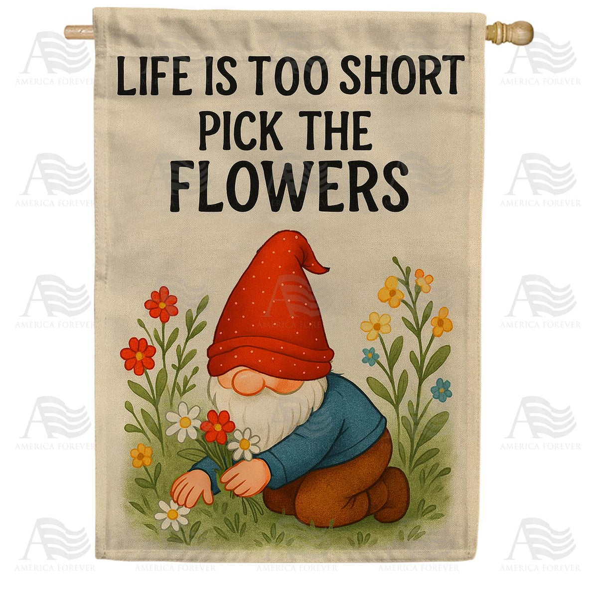 Pick The Flowers Gnome House Flag