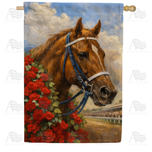 Kentucky Derby Horse with Red Roses House Flag