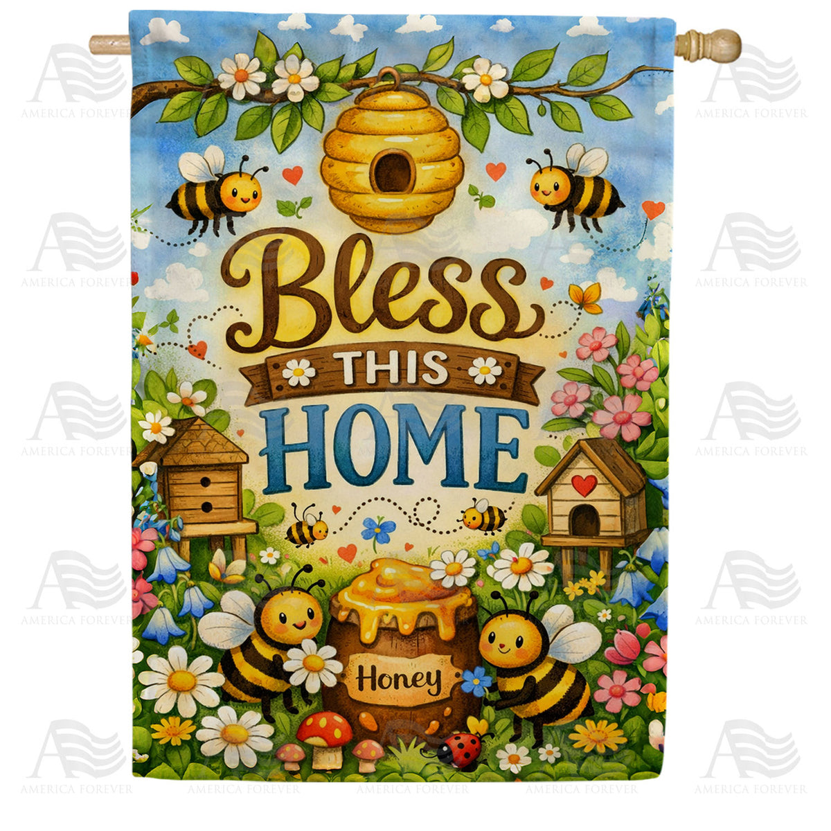 Bless This Home Honey Bees Floral House Flag