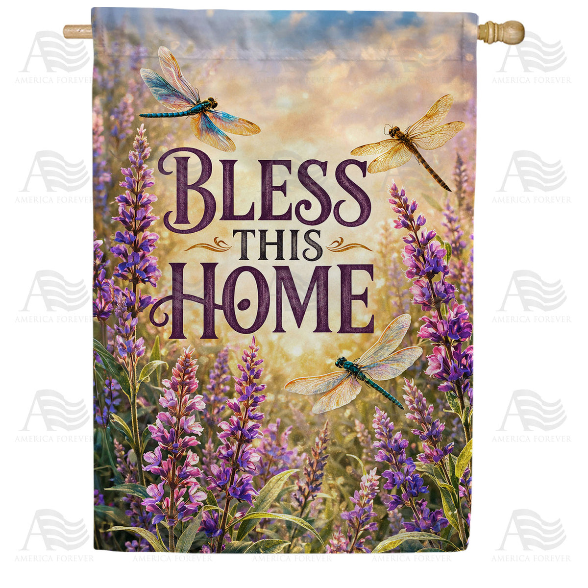 Bless This Home Dragonflies and Lavender House Flag