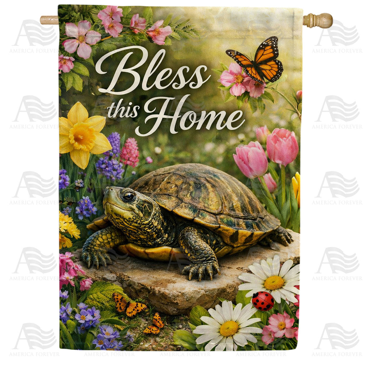 Bless This Home Turtle Spring Floral House Flag