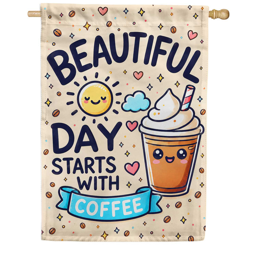 America Forever Beautiful Day Starts With Coffee Cute Sun House Flag