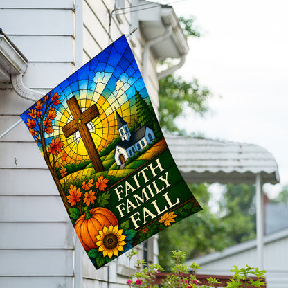 America Forever Faith Family Fall Stained Glass Cross House Flag