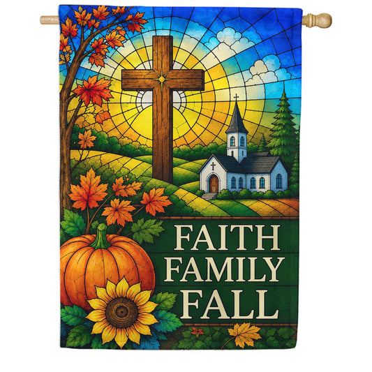 America Forever Faith Family Fall Stained Glass Cross House Flag