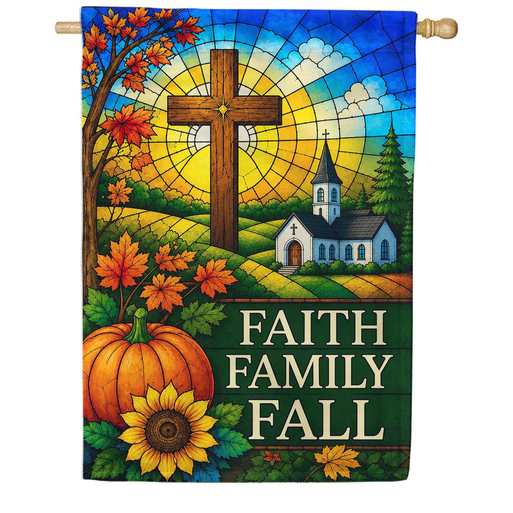 America Forever Faith Family Fall Stained Glass Cross House Flag