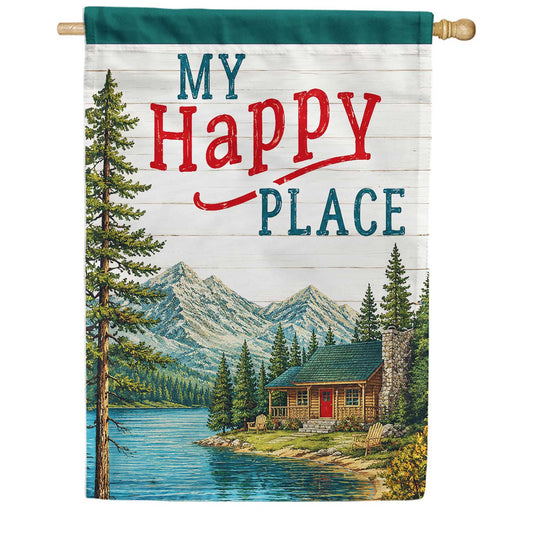 America Forever My Happy Place Mountain Cabin Lake Scene House Flag