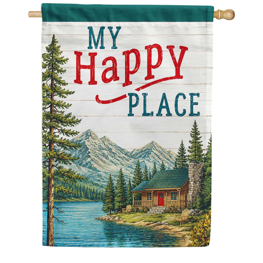 America Forever My Happy Place Mountain Cabin Lake Scene House Flag