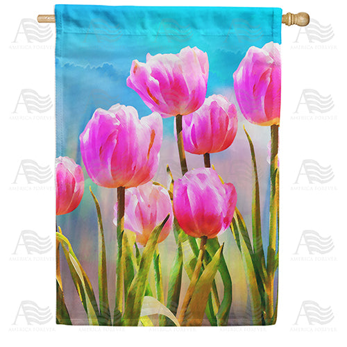 America Forever Pink Tulips Watercolor House Flag