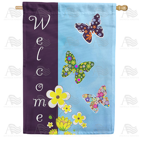 America Forever Floral Butterfly Welcome House Flag