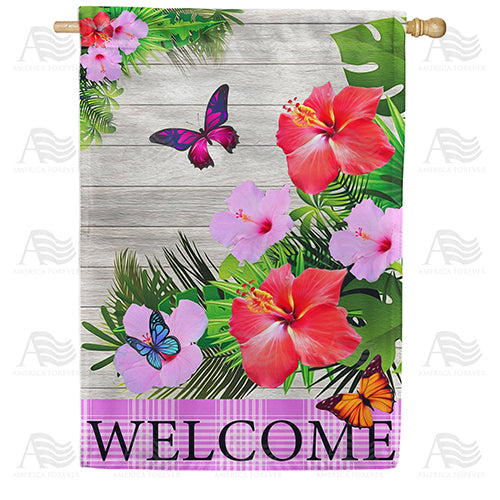 America Forever Hibiscus Butterflies Welcome House Flag