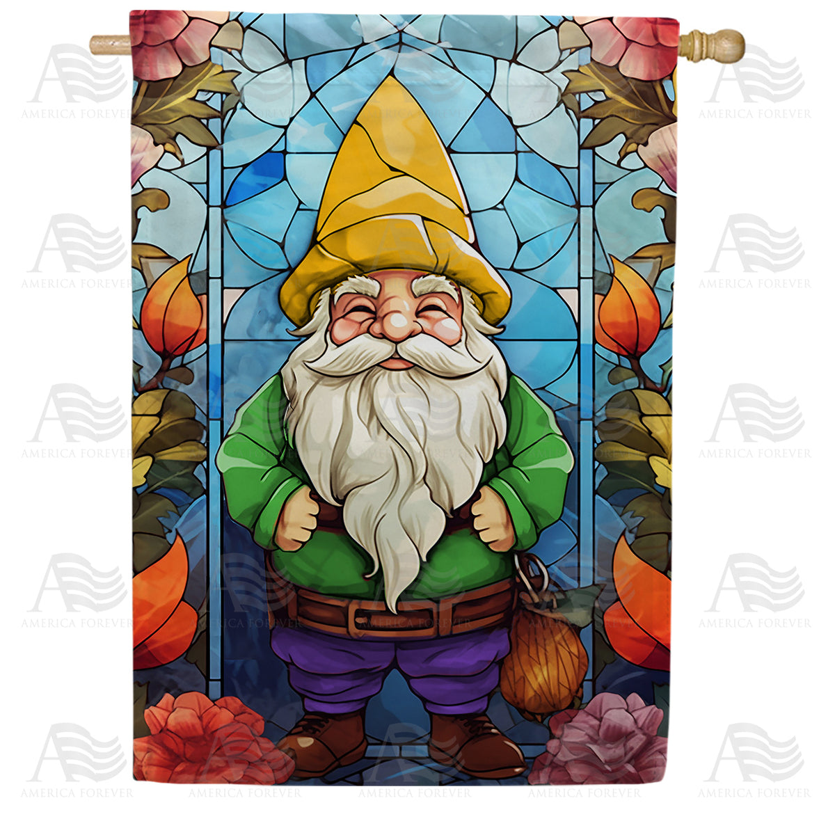 America Forever Gnome Stained Glass House Flag