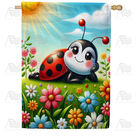 America Forever Cheerful Ladybug in Sunny Meadow House Flag