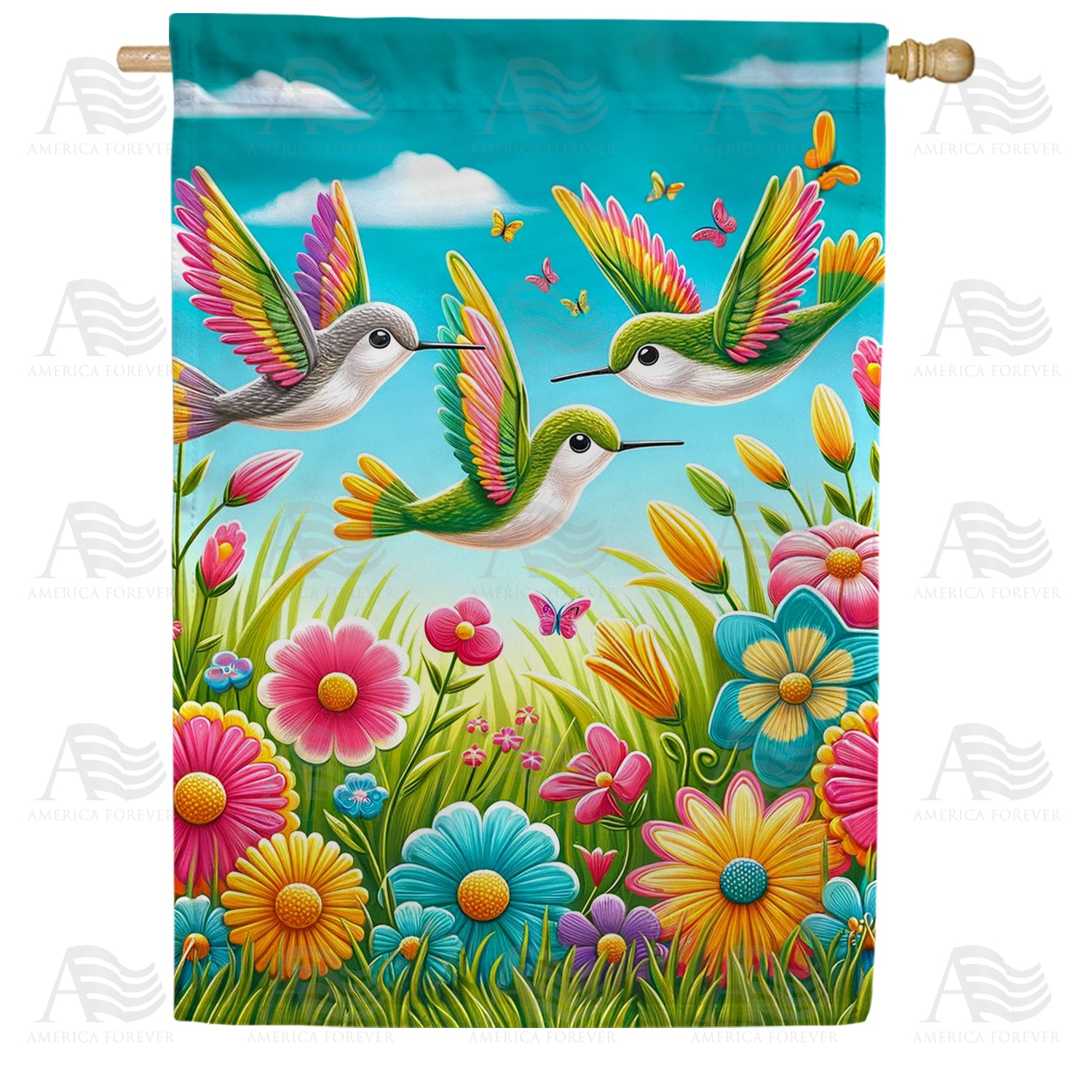 America Forever Hummingbirds and Blossoms Spring House Flag