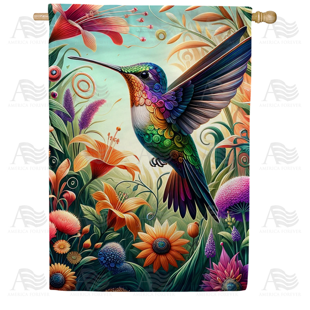 America Forever Hummingbird Floral Paradise House Flag