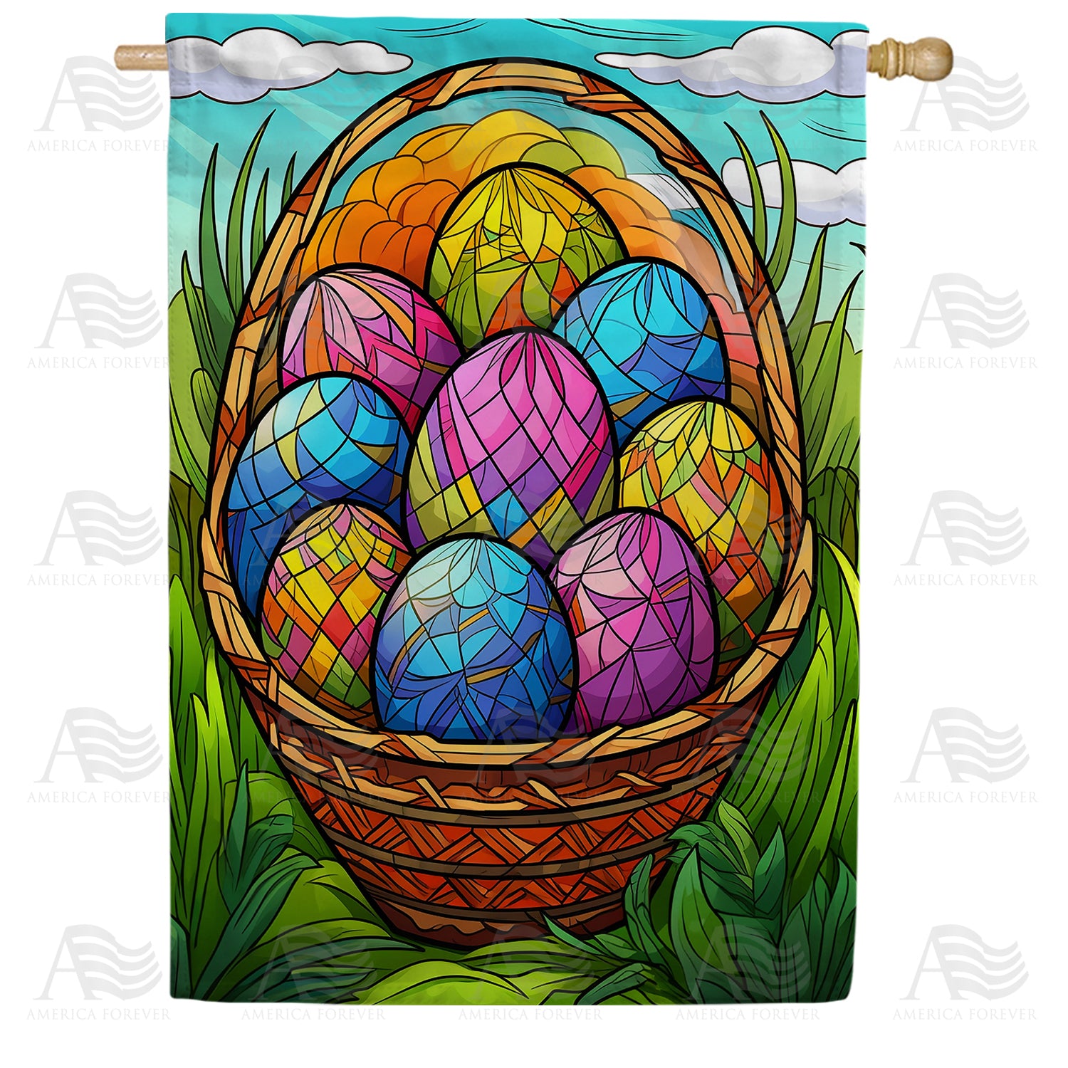 America Forever Stained Glass Easter Eggs Basket House Flag