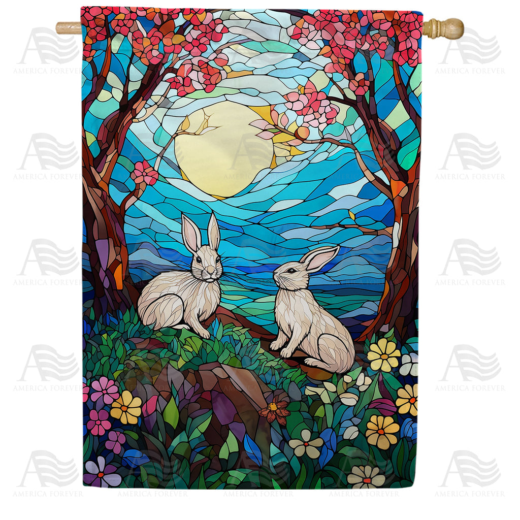 America Forever Moonlit Stained Glass Bunnies House Flag