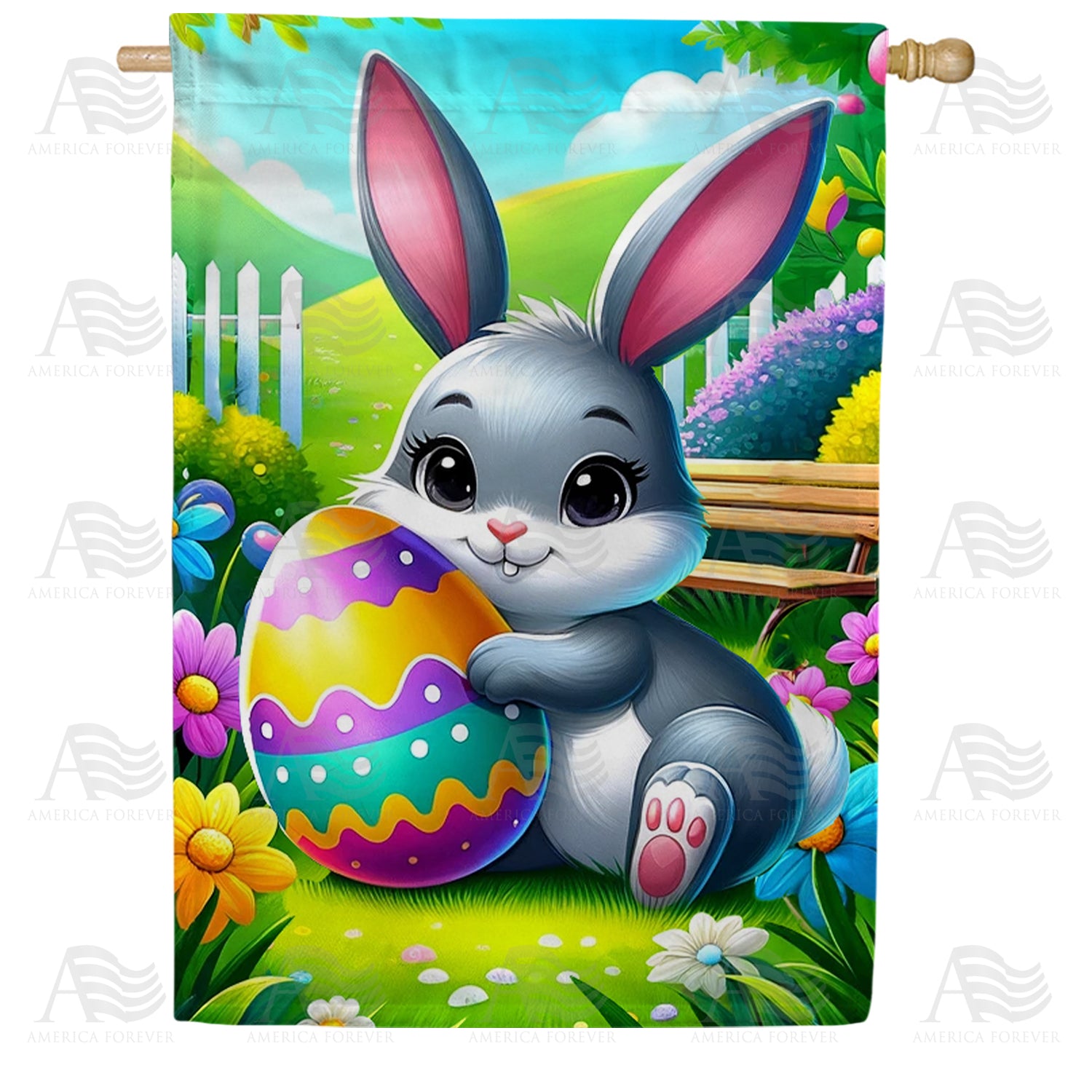 America Forever Cheerful Bunny with Easter Egg House Flag