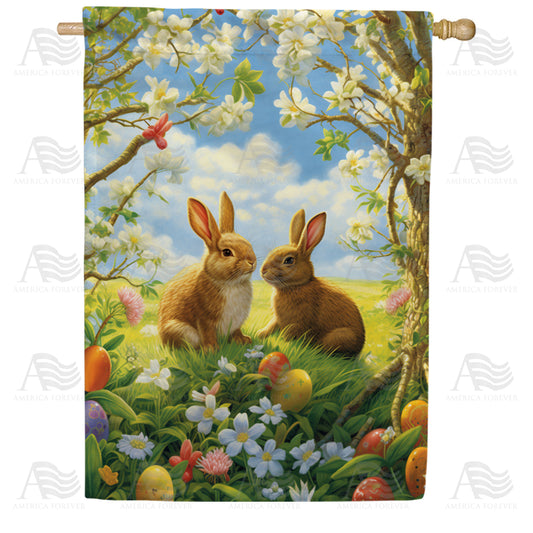 America Forever Bunnies Amidst Spring Blossoms House Flag