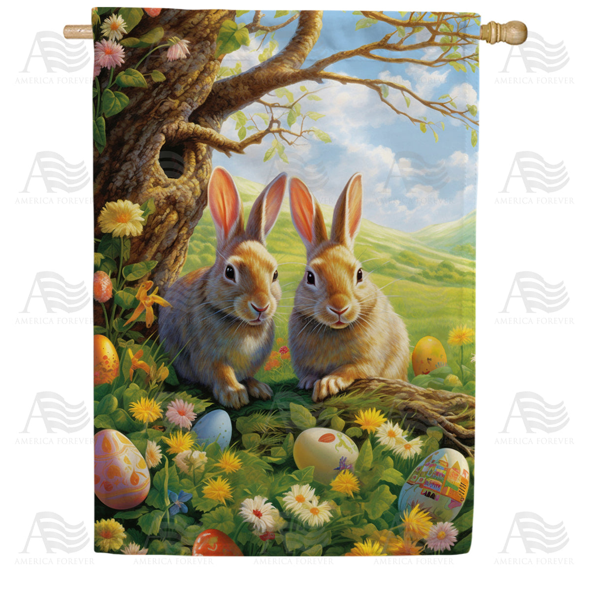 America Forever Twin Bunnies with Easter Eggs House Flag