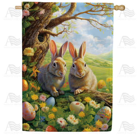 America Forever Twin Bunnies with Easter Eggs House Flag