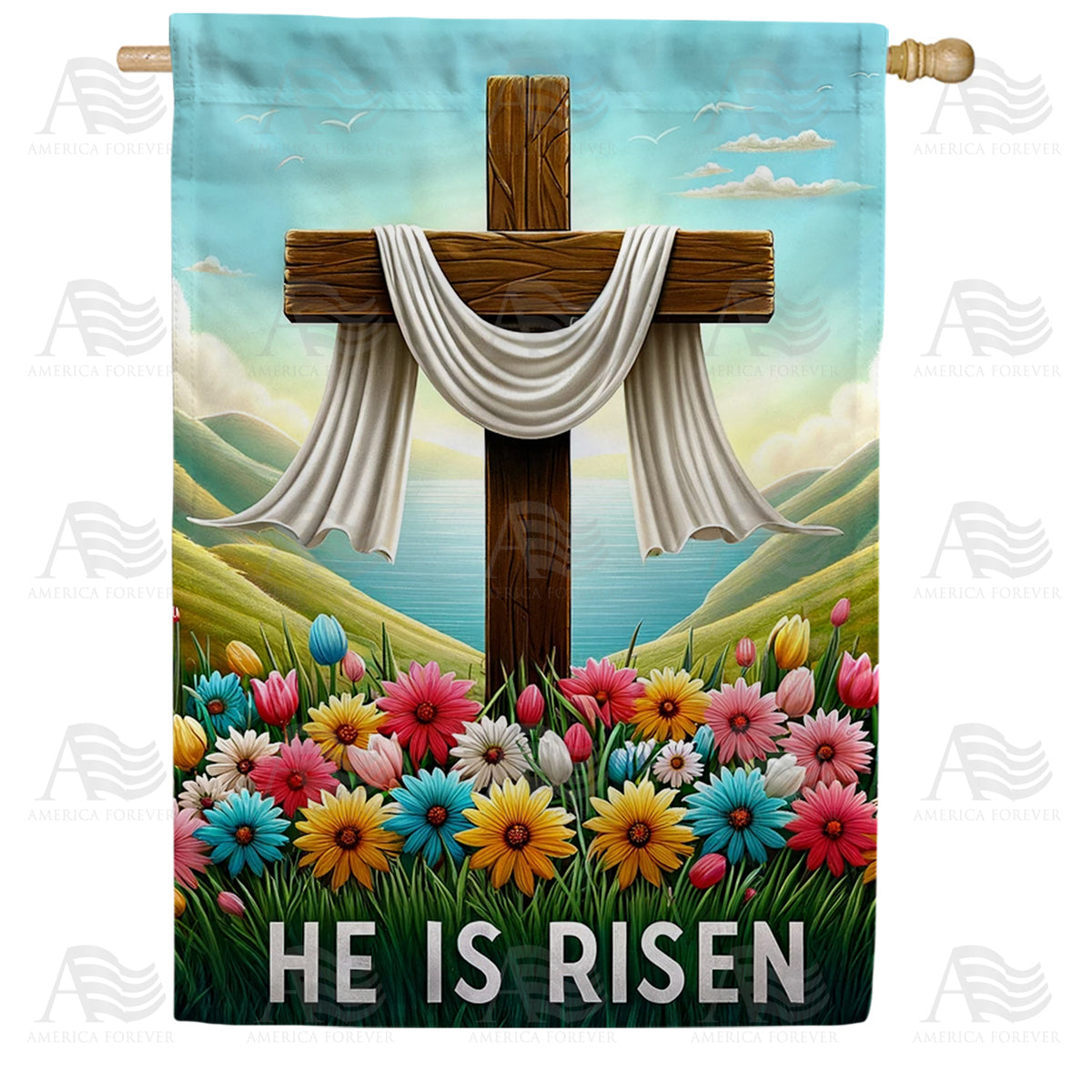 America Forever Sunrise Resurrection Cross House Flag