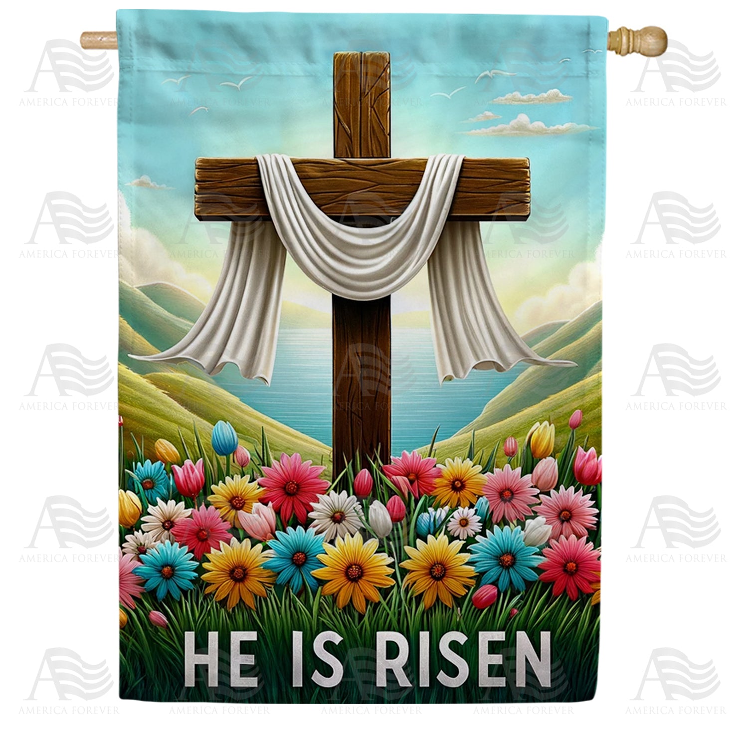 America Forever Sunrise Resurrection Cross House Flag