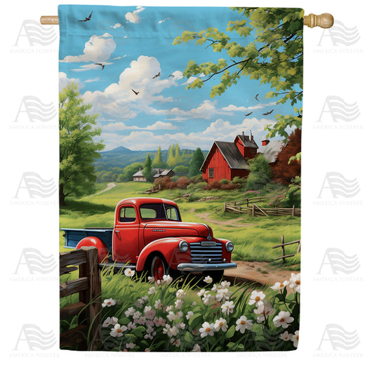 America Forever Vintage Red Truck in Countryside House Flag