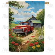 America Forever Red Pickup in Rural Bliss House Flag