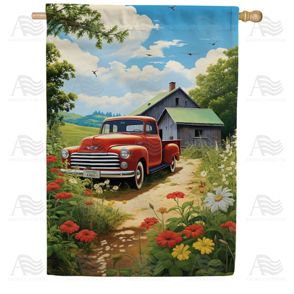 America Forever Red Pickup in Rural Bliss House Flag