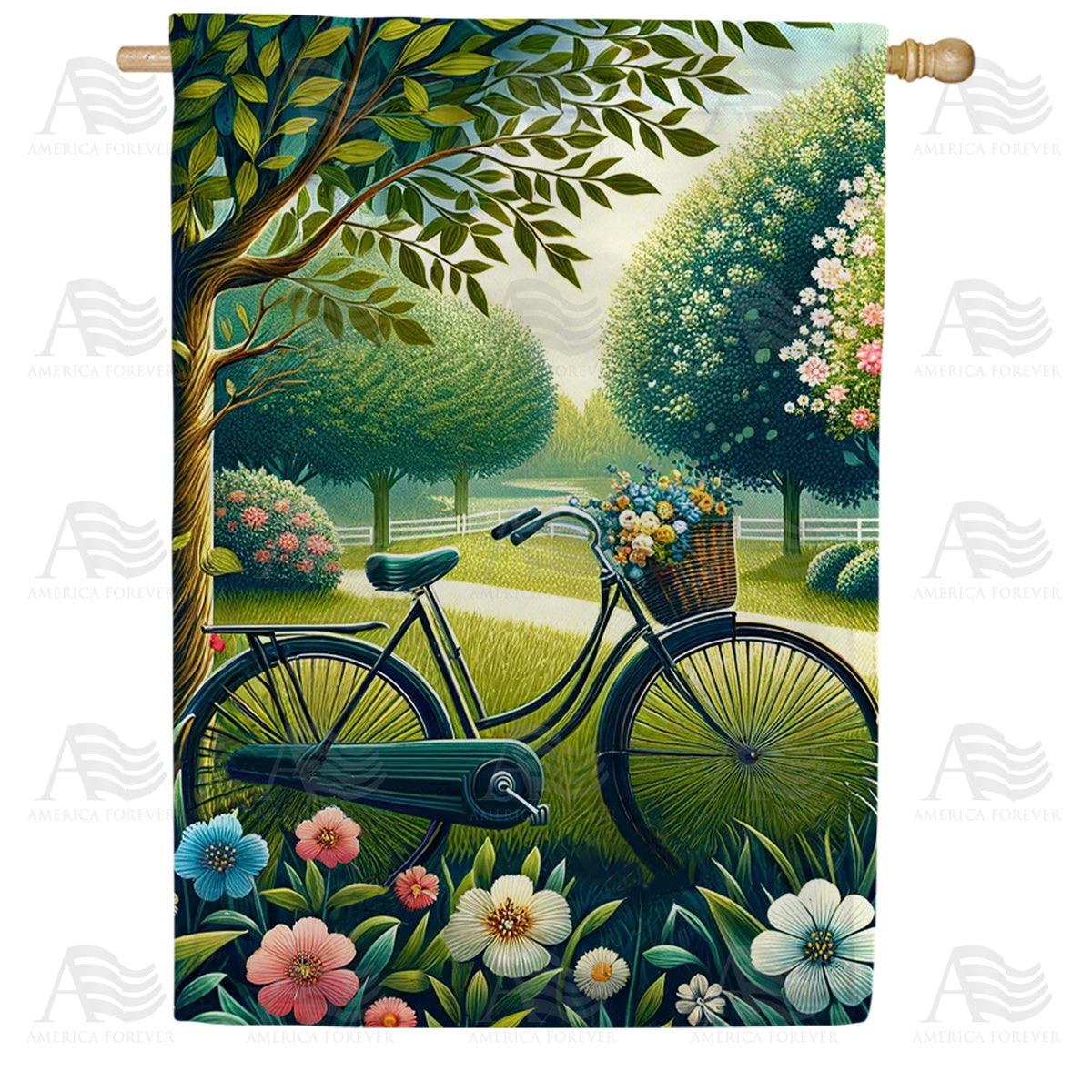 America Forever Springtime Bicycle and Blooming Garden House Flag