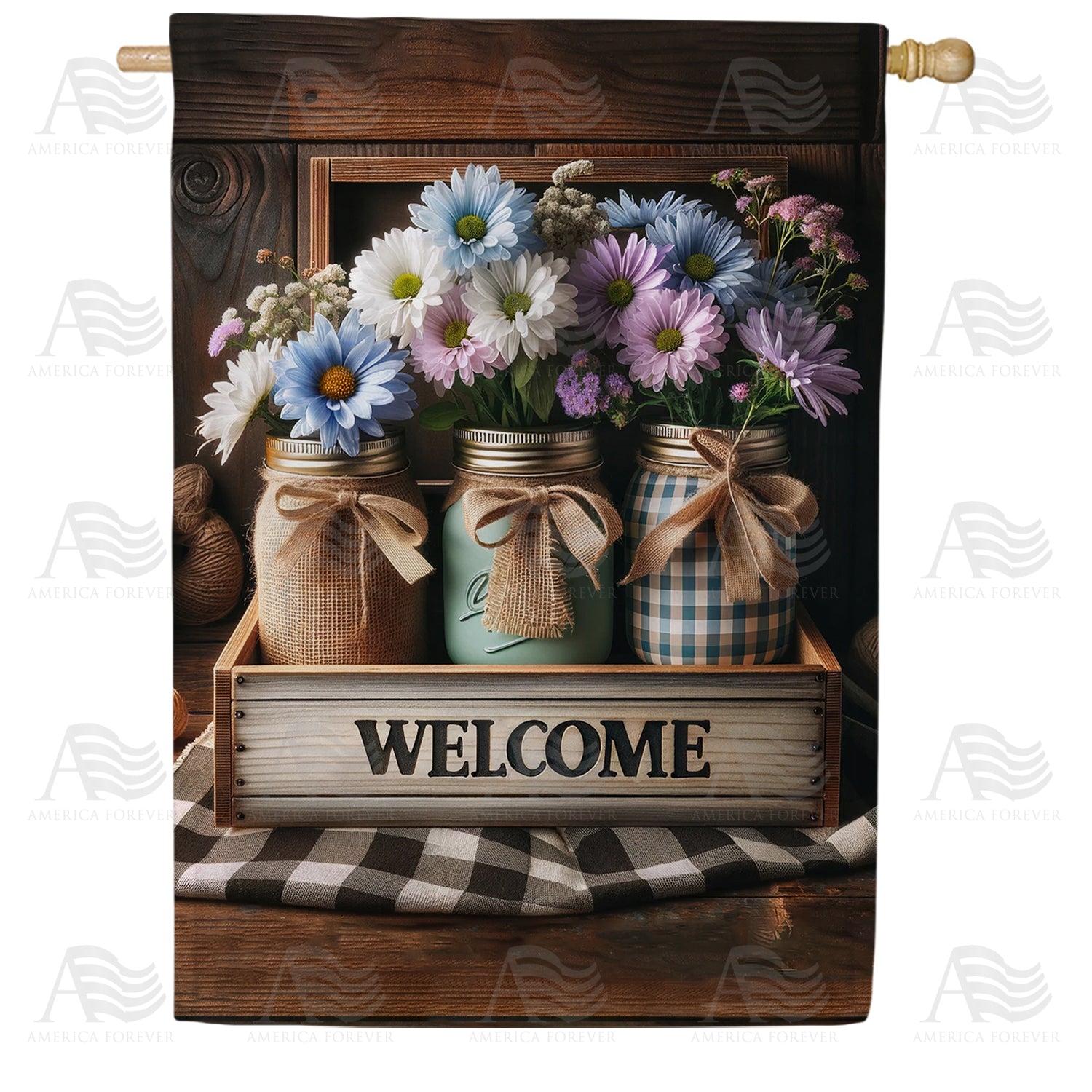 America Forever Rustic Welcome Blooms House Flag